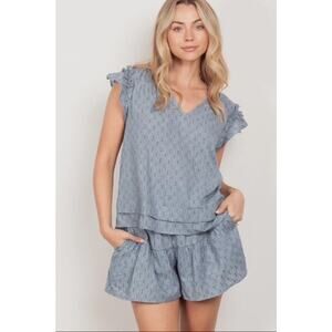 VERY J - Solid Cotton Woven Cute Top & Shorts Set - Denim Blue